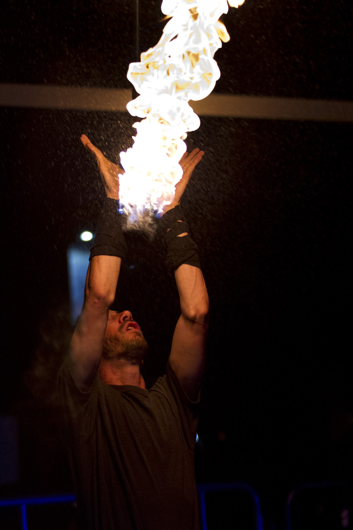Pedro Ramano catches his bostaff after throwing it in the air during his performance at the Sky Bar, Friday, May 22, 2015, in Tucson, Arizona.