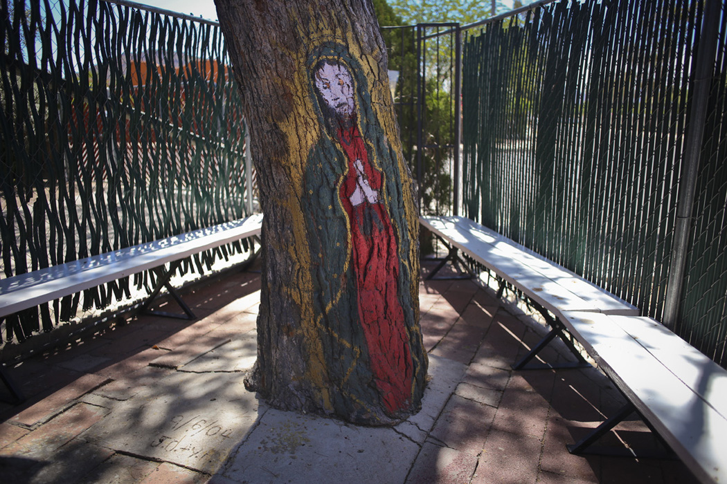 The Lady of Guadalupe painted on a tree outside the Chapel of Our Lord of the Miracles.